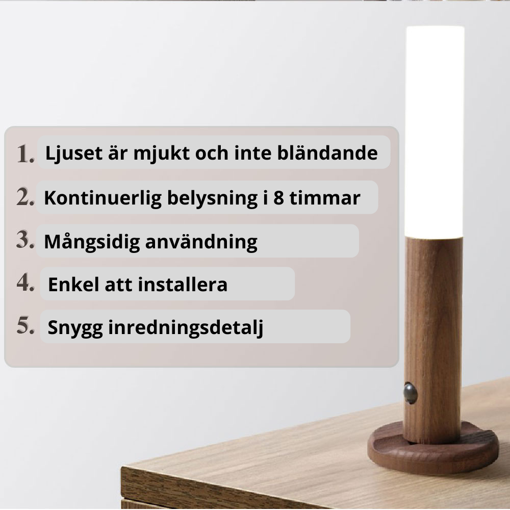 Vägglampa med Led belysning - i snyggt trä, trådlös med sensor, magnetisk för lätt upphängning