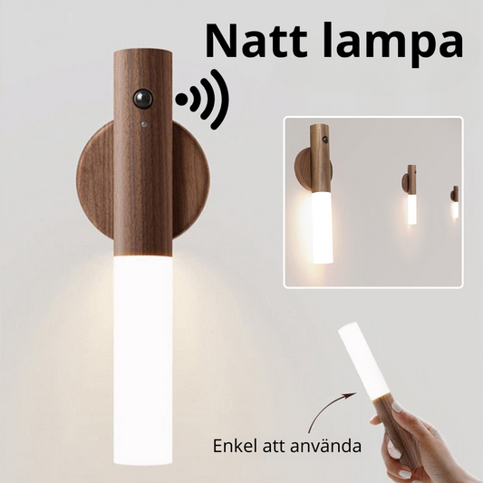 Vägglampa med Led belysning - i snyggt trä, trådlös med sensor, magnetisk för lätt upphängning